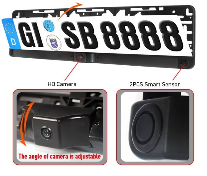 2 Visual Reversing Radar HD CCD 170° Auto Parktronic EU Car License Plate Frame 