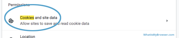 The Cookies item in the Site settings section